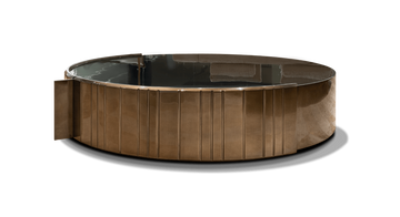 Round metal resin coated stock tank pool with vertical siding for Mons Table