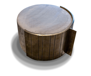 Mons Stool round metallic coffee table with light top and vertical slat sides