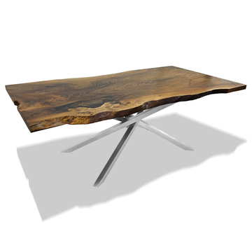 astrea live edge walnut dining table, walnut dining table, resin dining table, live edge dining table, walnut wood dining table, natural walnut dining table, stainless steel dining table, modern dining table