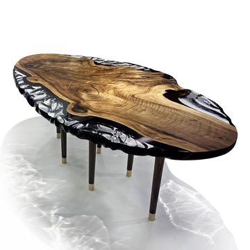 calabria walnut wood wavy ellipse dining table, modern dining table, contemporary dining table, walnut wood dining table, resin dining table, ghost white dining table, luxury dining table