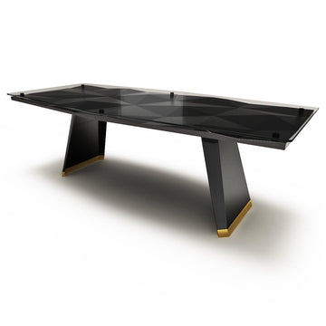 diamond dining table, modern dining table, hexagonal glass dining table, black dining table, lacquered wood dining table, glass top dining table, brass dining table, PVD titanium coated dining table