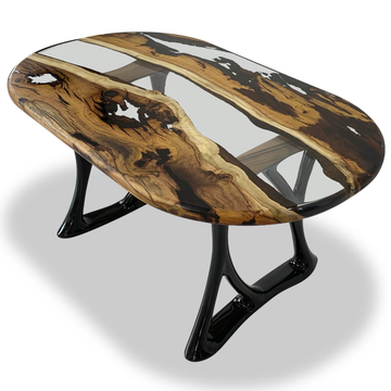 rhadios walnut wood dining table, walnut wood dining table, resin dining table, black dining table, modern dining table, contemporary dining table, stylish dining table, luxury dining table